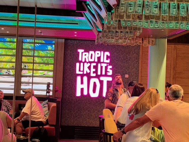 Amy was talking about being on air during a hurricane when I remembered I took this picture.  We were on the new Royal Caribbean boat, Utopia of the Seas, and this is their Tiki Bar.  I instantly thought of CLane's excellent overnight hurricane show!